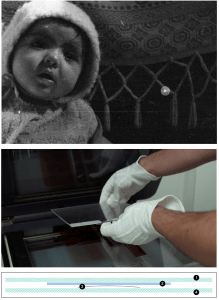 Top: Detail of the same image, scanned using the Tru Vue Reflection Control® Acrylic sheet, thus no visible Newton’s rings Middle: Placing the Tru Vue Reflection Control® Acrylic over the film negatives to scan. Bottom: Ideal order of layers inside of the scanner – 1) Scanner transparency unit; 2) Tru Vue Reflection Control® Acrylic sheet; 3) Film negative, emulsion side down; 4) Scanner bed.