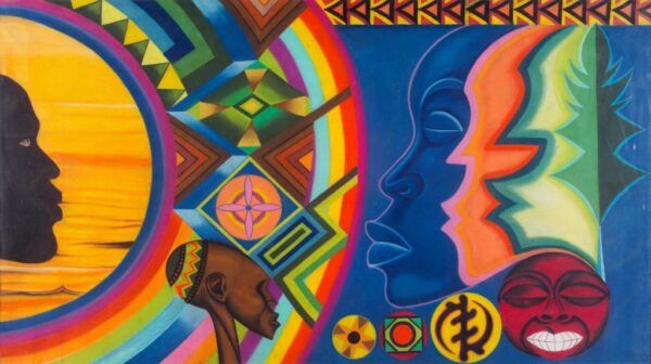 Amos Ashanti Johnson, African Rainbow, 1977. Pastel on paper. 47 ½ x 84 ¾ in. Paul R. Jones Collection, University Museums. © Artist or artist’s estate