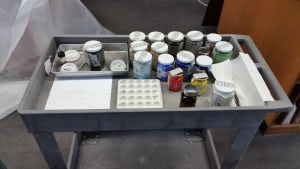 Conservator’s cart of supplies used for African Rainbow and Hermes Trigmegistus. Image courtesy of Conservation Center for Art and Historic Artifacts.
