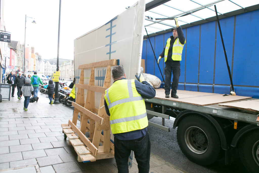 Unloading Optium Museum Acrylic from Wessex truck on to a special A-frame. Image: Studio8 Ltd