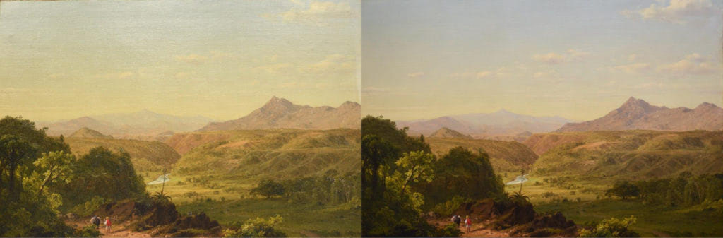 Pre- and post-treatment images of Frederic Church, Scene Among the Andes of 1854. Photo documentation and treatment by The Fine Arts Conservancy. 