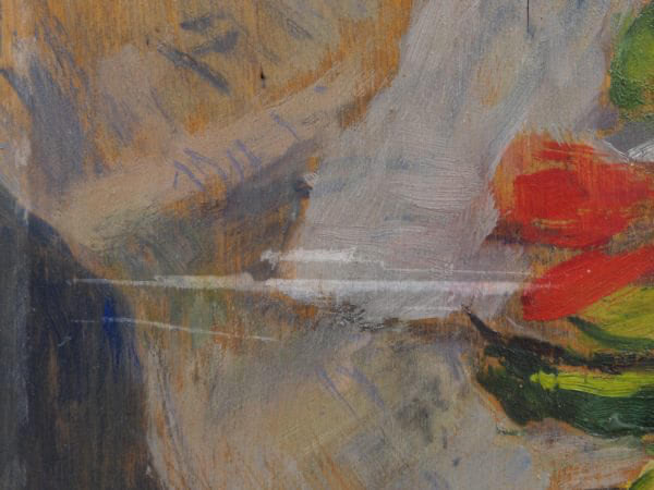detail of scrape on "Flowers on a chair" before treatment