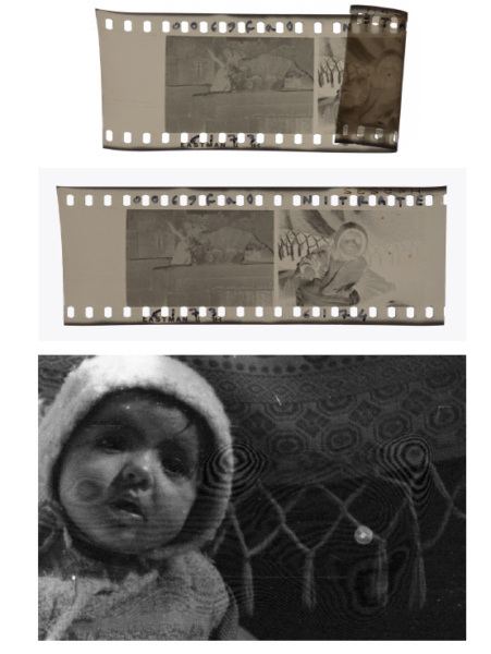 Top: Scan of a nitrate film negative, placed as it is on the scanner bed. Middle: Scan of the same film negative, held down to the scanner bed using a clear glass sheet. Bottom: Detail of the image exhibiting Newton’s rings while using the glass sheet.