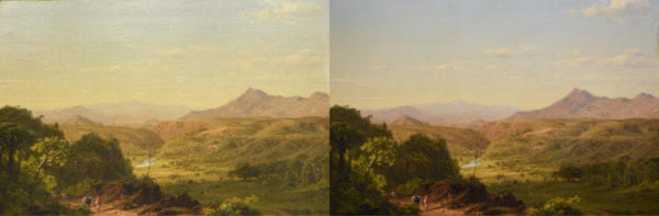 Pic 4. Pre- and post-treatment images of Frederic Church, Scene Among the Andes of 1854. Photo documentation and treatment by The Fine Arts Conservancy.
