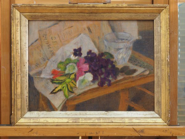 Dod Procter's "Flowers on a chair" before treatment.