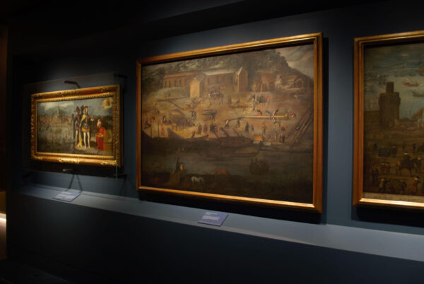 Installation view of three seventeenth century oil paintings, Zurbarán’s St Lucy (c.1630) and two landscapes by unknown artists: The Arenal at Seville and The Shipbuilding Yard at Seville (both 1600-1623), in the Spanish Gallery, Bishop Auckland.