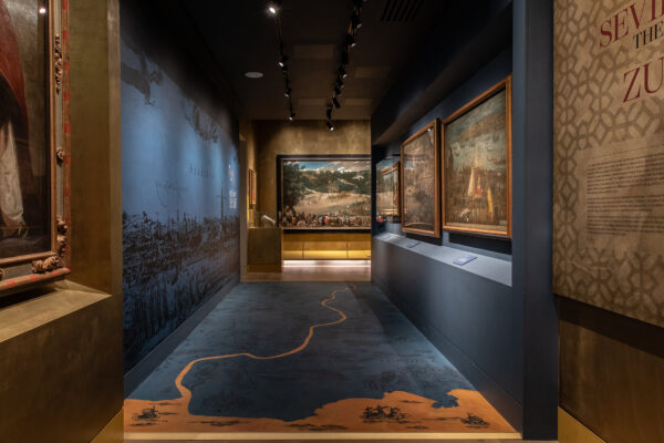 Three paintings recessed into walls, specifically constructed during the exhibition fit-out for this narrow exhibition area.