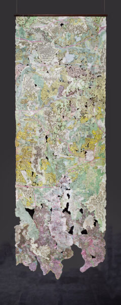 Zelin Seah, "This Land is ( ) Land", 2022, Collage of burnt and washed topography maps, 205 x 67 cm