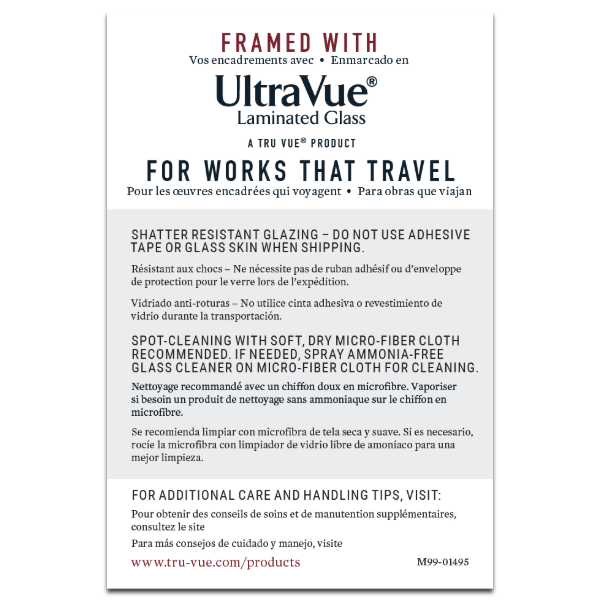 Sticker for traveling works that are glazed with Tru Vue UltraVue Laminated Glass