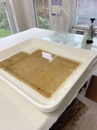 Treatment photo of 1796 North American Land Company map. Photo by Jessica Keister, © Steel City Art Conservation, 2024.