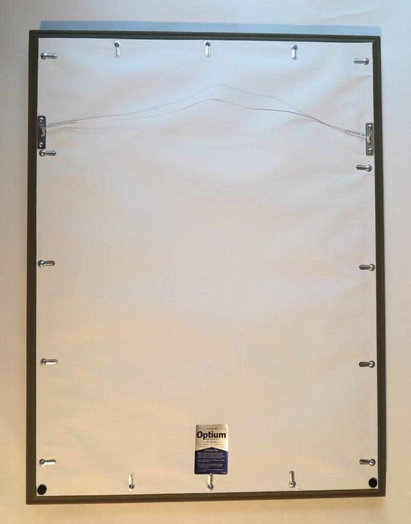 Rear view of framed artwork with sealed backing and Optium Museum Acrylic label.