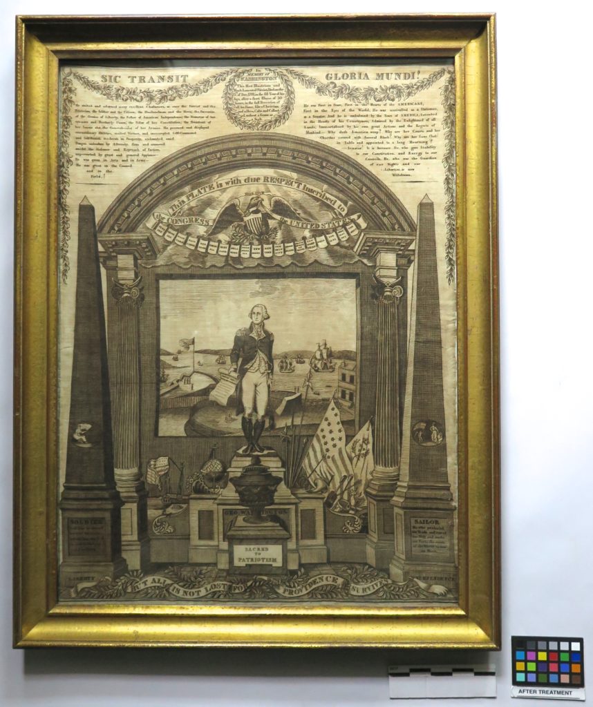 Historic copperplate print mounted in a gold frame following conservation treatment.