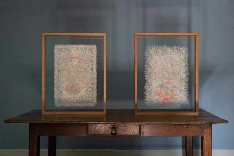 The two framed artworks ‘Hopefully it will be Alright’ and ‘Furious’ installed and displayed in their double-sided frames. Photo by Julian Germain.