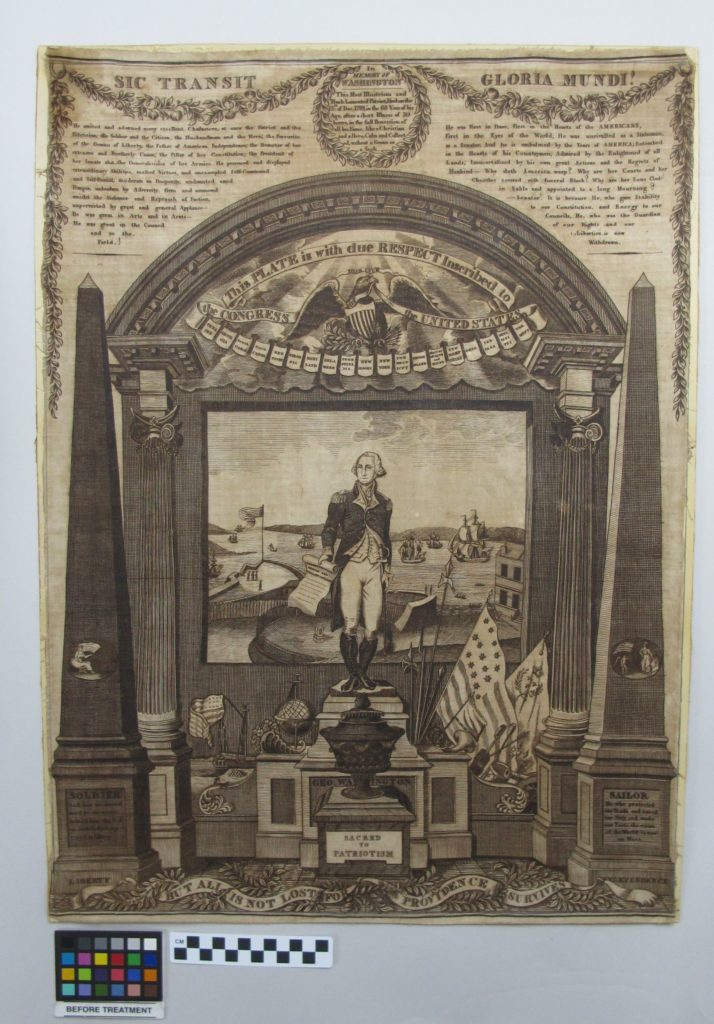 Historic copperplate print photographed before undergoing conservation treatment.