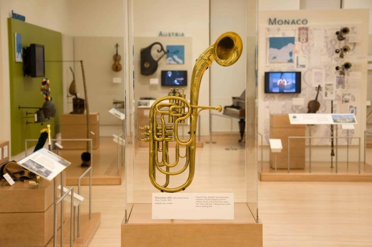 Installation view "Adolphe Sax" exhibition, Noveau alto, Paris, France, 1866. Photograph by Holly Metz. Courtesy of the Musical Instrument Museum,
Phoenix, AZ.