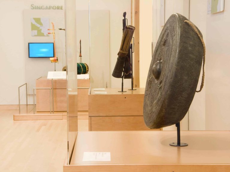 Installation view "Brunei" exhibition, Dragon gong, ca. 1850. Photograph by Holly Metz. Courtesy of the Musical Instrument Museum, Phoenix, AZ.