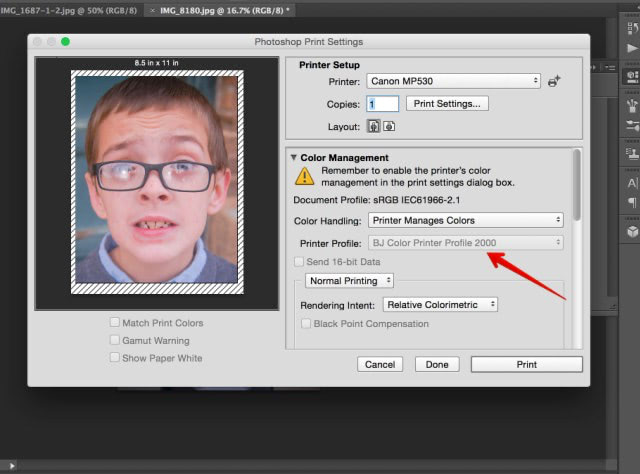 Screenshot of Photoshop settings for preparing photo prints.