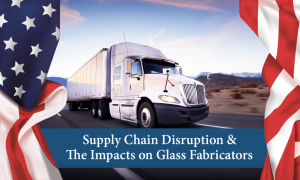 White semi-truck driving on a highway with American flag borders, symbolizing U.S. supply chain and glass fabrication challenges.