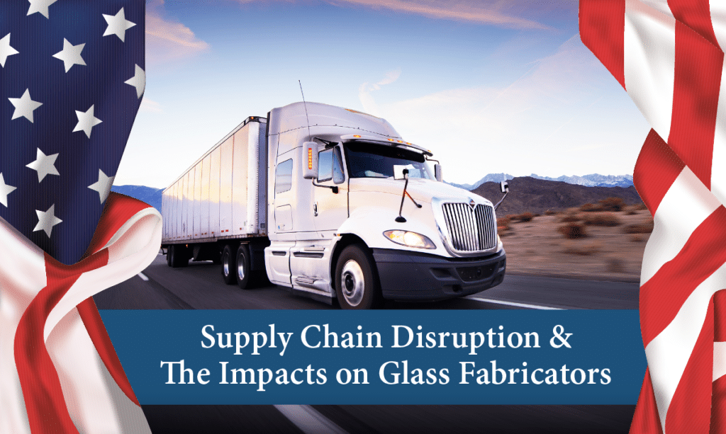 White semi-truck driving on a highway with American flag borders, symbolizing U.S. supply chain and glass fabrication challenges.