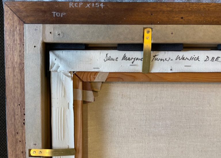 Close-up view of frame package for portrait of Dame Margaret Turner-Warwick by David Poole (1992)