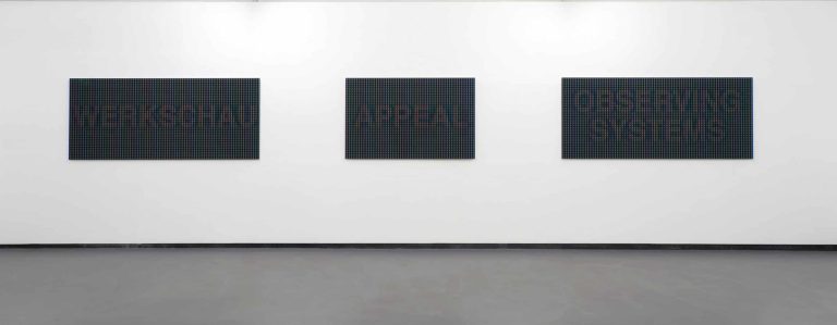 Installation view from the exhibition "No Media Beyond This Point," Fotogalerie Vienna, 2020. Photo: Michael Michlmayr. © Günther Selichar, Bildrecht, Wien 2020. From left to right: "WERKSCHAU", "APPEAL", "OBSERVING SYSTEMS (von Foerster)", Ink-jet direct prints on TruLife Acrylic, Edition 3, 2019-
20.