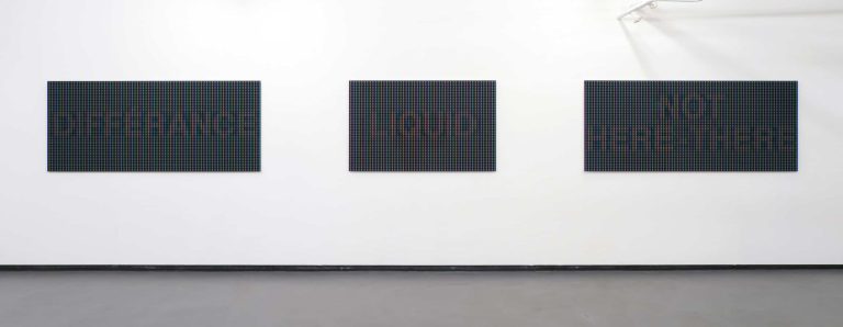 Installation view from the exhibition "No Media Beyond This Point" at Fotogalerie Vienna. Photo: Michael Michlmayr. © Günther Selichar, Bildrecht, Wien
2020. From left to right: "DIFFÉRANCE (Derrida)", "LIQUID", "NOT HERE - THERE (Newman reversed)", Ink-jet direct prints on TruLife Acrylic, Edition 3,
2019-20.
