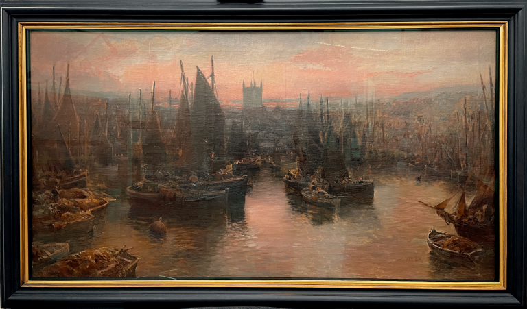 'St Ives Harbour, William Cox, 112 cm x 181 cm (including frame), Camborne Library. Photo courtesy of Sarah Cove, ACR.