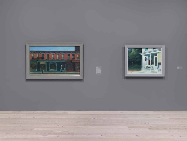 Installation view "Early Sunday Morning", 1930 and "Seven A.M.", 1948 by Edward Hopper (1882-1967). "America Is Hard to See" (May 1 - September 27, 2015), Whitney Museum of American Art, N.Y. Photography is courtesy of Whitney Museum, N. Y. © Heirs of Josephine N. Hopper