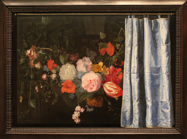 Floral still life painting partially covered by a blue protective curtain.
