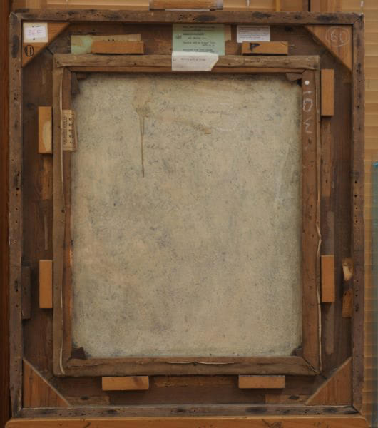 “Ancilla with Orange”, back of framed artwork, before treatment.