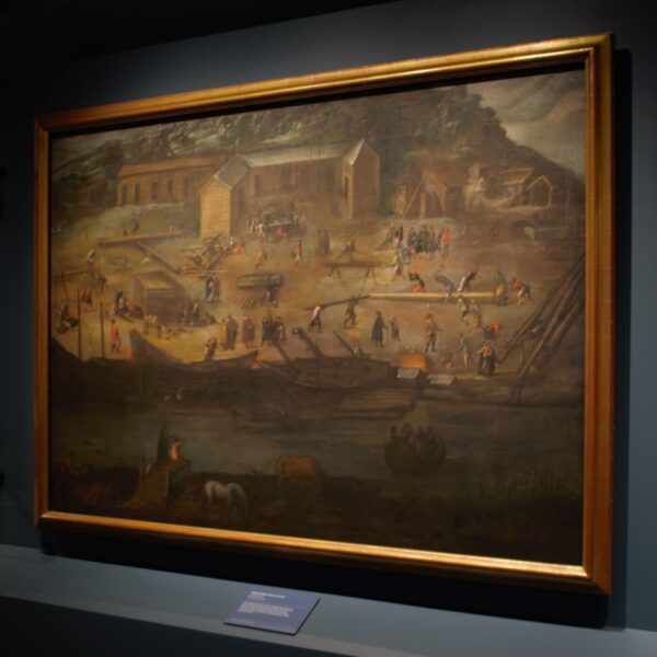 Installation view of a landscape by unknown artists: The Shipbuilding Yard at Seville (1600-1623), in the Spanish Gallery, Bishop Auckland. Photo courtesy of The Auckland Project