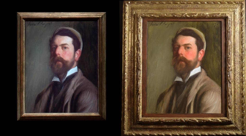 John Singer Sargent’s Self-Portrait of 1892 before and after framing and glazing with Optium Museum Acrylic. Photo documentation and work by The Fine Arts Conservancy.