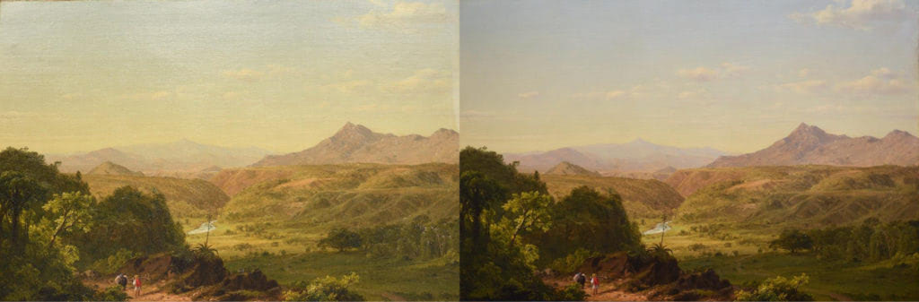 Pre- and post-treatment images of Frederic Church, Scene Among the Andes of 1854. Photo documentation and treatment by The Fine Arts Conservancy.