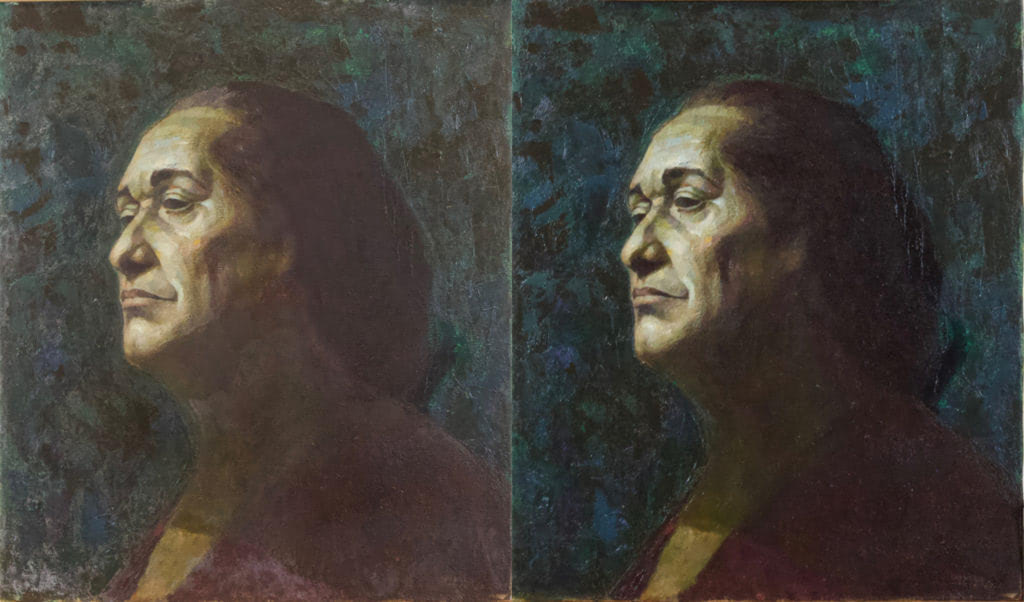 Pre- and post-treatment images of Charles White’s Matriarch of 1967. Left shows several passages affected by whitish efflorescence, particularly along the bottom edge, throughout the sitter’s neck, hairline, and background; right after removal/reduction of the disfiguring efflorescence. Photo documentation and treatment by Kristen deGhetaldi.