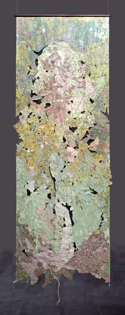 Zelin Seah, “Where Have All The ( ) Gone”, 2021, Collage of burnt and washed topography maps, 210 x 67 cm