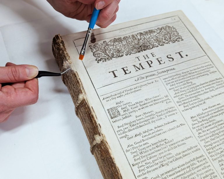 Tissue stabilization treatment applied to the shoulder of the Shakespeare First Folio textblock.