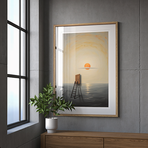 Surrealist-style artwork displayed in a frame with UV-protective glazing to help preserve vibrant colors and intricate details.