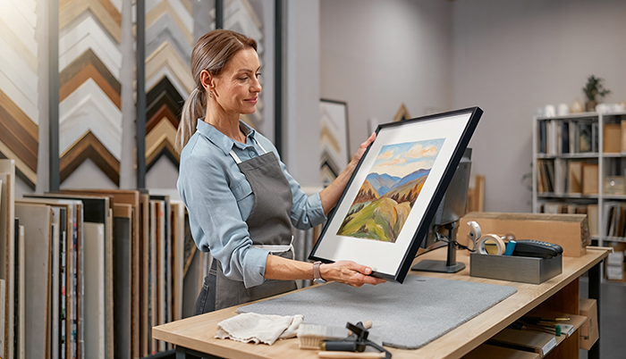 Landscape painting displayed in a frame with UV-protective glazing to help prevent fading and preserve color over time.