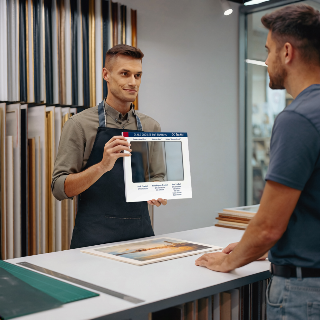 Custom framing consultation featuring an unframed painting print, demonstrating the value of UV protection in custom framing for artwork preservation.