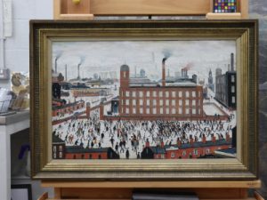 L. S. Lowry's Industrial Scene (1965) after conservation treatment, frame restoration, and protective glazing upgrades.