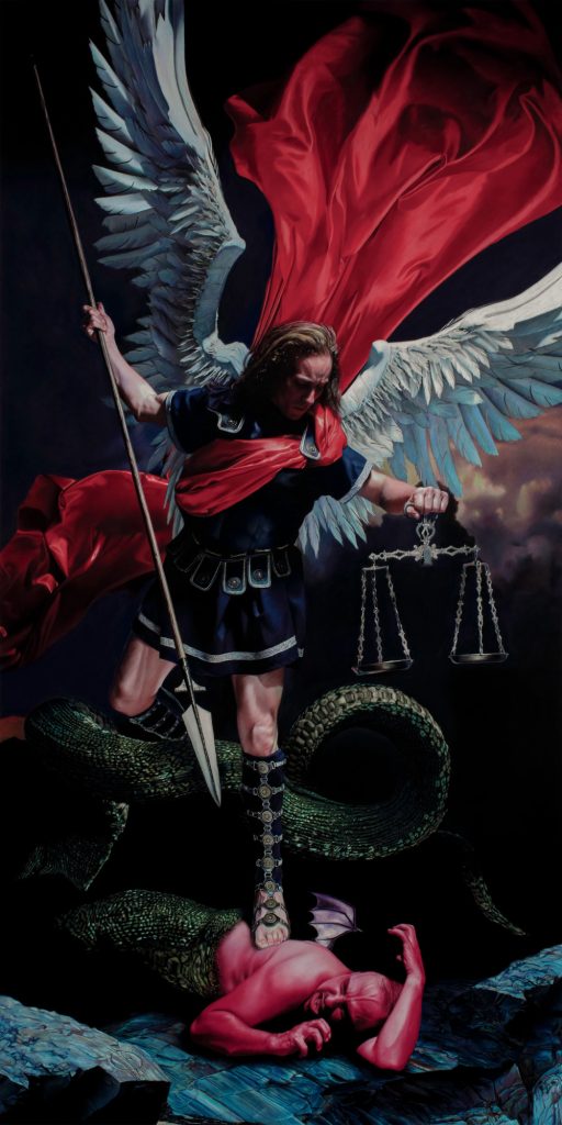 Optium Museum Acrylic is chosen material for pastel painting preservation of Saint Michael in a dramatic fine art composition.